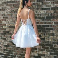 SP1628,White Lace A-line Homecoming Dresses,Lace Up Back Mini Back to School Dresses - Thumbnail 2