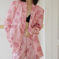 Chain Metal Rose Pattern Spring Autumn Fall Winter Fashion Retro Vintage Classic Pink Jacket Suit - Thumbnail 2