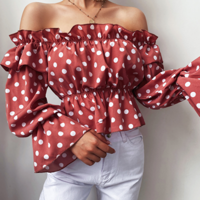 Women's pink one-shoulder long-sleeved chiffon top