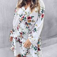 Women'S White Floral V-Neck Long Sleeve Dress - Thumbnail 1