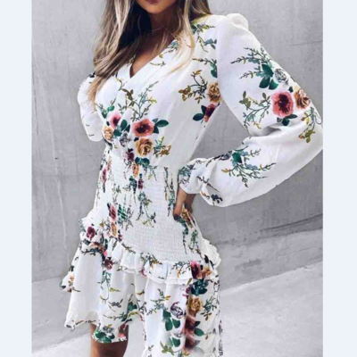 Women's white floral v-neck long sleeve dress - Thumbnail 3
