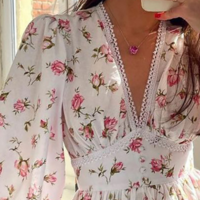 Long Sleeve Chiffon V-Neck Printed Lace Dress - Thumbnail 1