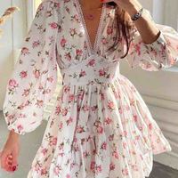 Long Sleeve Chiffon V-Neck Printed Lace Dress - Thumbnail 2