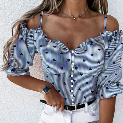 Women's striped one-shoulder long-sleeved shirt