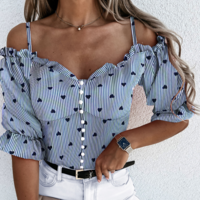 Women'S Striped One-Shoulder Long-Sleeved Shirt - Thumbnail 1