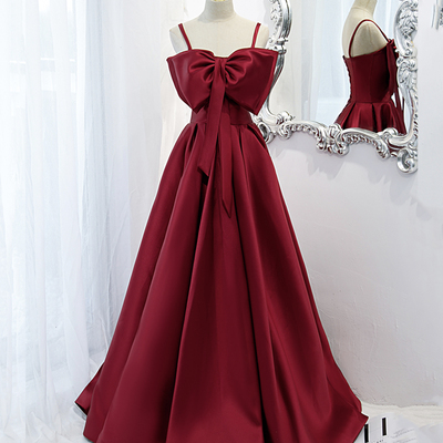 Burgundy satin long a line prom dress evening dress - Thumbnail 2