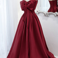 Burgundy satin long A line prom dress evening dress - Thumbnail 4