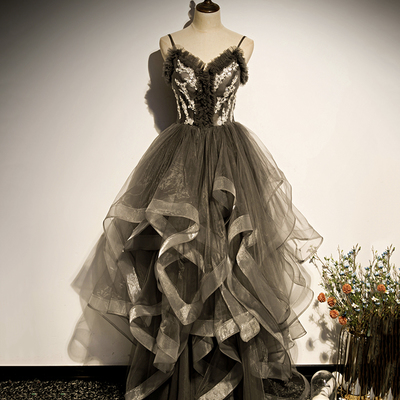 Gray tulle long a line prom dress evening dress - Thumbnail 1