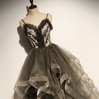Gray tulle long A line prom dress evening dress - Thumbnail 1