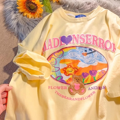 Cute Sweet Graffiti Bear Letter Print Short Sleeve Shirt Top Loose Oversize Aesthetic Casual Summer E-Girl Kawaii Korean Japanese Harajuku