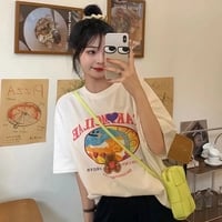 Cute Sweet Graffiti Bear Letter Print Short Sleeve Shirt Top Loose Oversize Aesthetic Casual Summer E-Girl Kawaii Korean Japanese Harajuku - Thumbnail 3