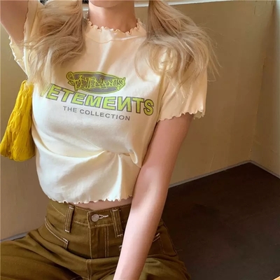 Cute vintage ruffle off white letter print short sleeve shirt aesthetic casual summer e-girl kawaii korean japanese harajuku - Thumbnail 4