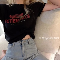 Cute Vintage Ruffle Off White Letter Print Short Sleeve Shirt Aesthetic Casual Summer E-Girl Kawaii Korean Japanese Harajuku - Thumbnail 7