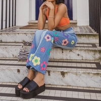 Cute Vintage Flower Patchwork High Waisted Denim Jean Trouser Pants Indie Punk Aesthetic Casual Summer E-Girl Kawaii Korean Japanese Harajuku - Thumbnail 2