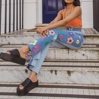 Cute Vintage Flower Patchwork High Waisted Denim Jean Trouser Pants Indie Punk Aesthetic Casual Summer E-Girl Kawaii Korean Japanese Harajuku - Thumbnail 3