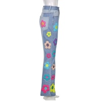 Cute Vintage Flower Patchwork High Waisted Denim Jean Trouser Pants Indie Punk Aesthetic Casual Summer E-Girl Kawaii Korean Japanese Harajuku - Thumbnail 7