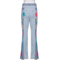 Cute Vintage Flower Patchwork High Waisted Denim Jean Trouser Pants Indie Punk Aesthetic Casual Summer E-Girl Kawaii Korean Japanese Harajuku - Thumbnail 8