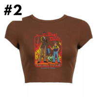 Cute Brown Alien Funny Cartoon Print Vintage Crop Top Short Sleeve Shirt Aesthetic Casual Summer E-Girl Kawaii Korean Japanese Harajuku - Thumbnail 4