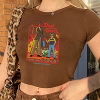 Cute Brown Alien Funny Cartoon Print Vintage Crop Top Short Sleeve Shirt Aesthetic Casual Summer E-Girl Kawaii Korean Japanese Harajuku - Thumbnail 1