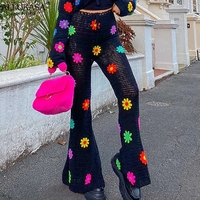 Cute Flower Knit Crochet Net Sheer Wide Leg Pants Long Boho Trousers Aesthetic Casual Summer E-Girl Kawaii Korean Japanese Harajuku - Thumbnail 1
