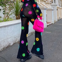 Cute Flower Knit Crochet Net Sheer Wide Leg Pants Long Boho Trousers Aesthetic Casual Summer E-Girl Kawaii Korean Japanese Harajuku - Thumbnail 2