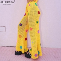 Cute Flower Knit Crochet Net Sheer Wide Leg Pants Long Boho Trousers Aesthetic Casual Summer E-Girl Kawaii Korean Japanese Harajuku - Thumbnail 5