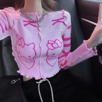 Cute Pink Kitty Cat Knit Loose Frill Long Sleeve Shirt Sweater Pullover Cardigan Aesthetic Casual Summer E-Girl Kawaii Korean Japanese Harajuku - Thumbnail 2