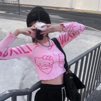 Cute Pink Kitty Cat Knit Loose Frill Long Sleeve Shirt Sweater Pullover Cardigan Aesthetic Casual Summer E-Girl Kawaii Korean Japanese Harajuku - Thumbnail 8
