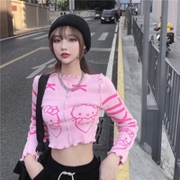 Cute Pink Kitty Cat Knit Loose Frill Long Sleeve Shirt Sweater Pullover Cardigan Aesthetic Casual Summer E-Girl Kawaii Korean Japanese Harajuku - Thumbnail 1