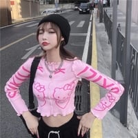 Cute Pink Kitty Cat Knit Loose Frill Long Sleeve Shirt Sweater Pullover Cardigan Aesthetic Casual Summer E-Girl Kawaii Korean Japanese Harajuku - Thumbnail 5