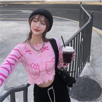 Cute Pink Kitty Cat Knit Loose Frill Long Sleeve Shirt Sweater Pullover Cardigan Aesthetic Casual Summer E-Girl Kawaii Korean Japanese Harajuku - Thumbnail 7
