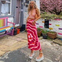 Cute Vintage Red Flower High Waist Print Beach Long Skirt Wrap Sexy Aesthetic Casual Summer E-Girl Kawaii Korean Japanese Harajuku - Thumbnail 1