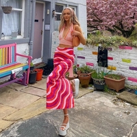 Cute Vintage Red Flower High Waist Print Beach Long Skirt Wrap Sexy Aesthetic Casual Summer E-Girl Kawaii Korean Japanese Harajuku - Thumbnail 3