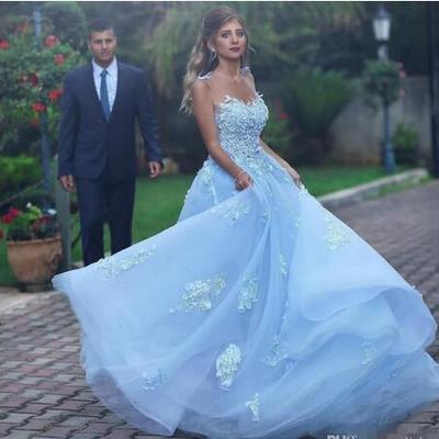 Light sky blue wedding dresses with sheer neckline appliques cuntrey style boho bridal dresses backless tulle wedding gowns 