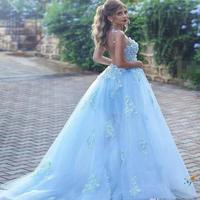 Light Sky Blue Wedding Dresses With Sheer Neckline Appliques Cuntrey Style Boho Bridal Dresses Backless Tulle Wedding Gowns  - Thumbnail 3