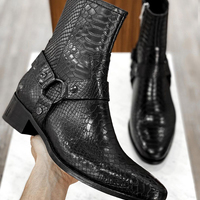 Men's Black Python Leather shoes, Buckle Boots Ankle Boots  - Thumbnail 1