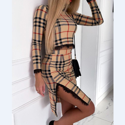 Tight-fitting plaid printed long-sleeved lace two-piece dress