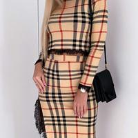 Tight-Fitting Plaid Printed Long-Sleeved Lace Two-Piece Dress - Thumbnail 1