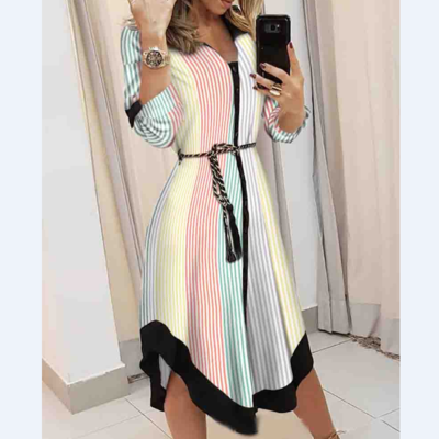 Fashion long-sleeved striped dress - Thumbnail 1