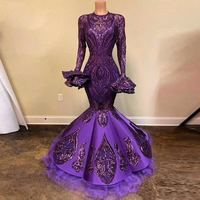 Unique Purple Long Sleeves Sequins Lace Mermaid Prom Dresses, Shinning Formal Evening Party Dress,1092 - Thumbnail 2