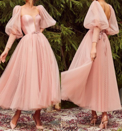 Princess A-Line Sweetheart Backless Pink Tulle Ankle length Prom Dresses,1094