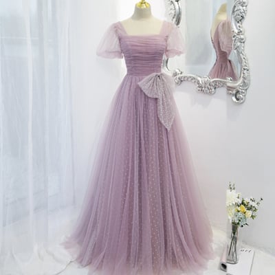Purple tulle long a line prom dress evening dress - Thumbnail 2