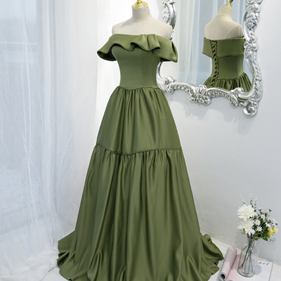 Green satin long a line prom dress green evening dress - Thumbnail 2