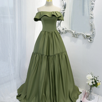 Green satin long A line prom dress green evening dress - Thumbnail 1