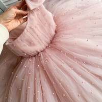 One Shoulder Blush Pink Flower Girl Dress with Pearls,1100 - Thumbnail 3