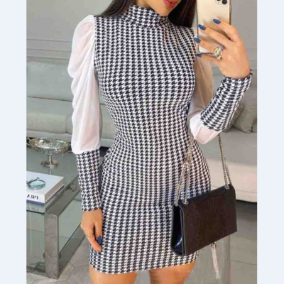 Women's bird check long-sleeved tight-fitting hip dress - Thumbnail 3