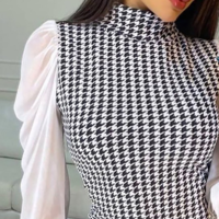 Women'S Bird Check Long-Sleeved Tight-Fitting Hip Dress - Thumbnail 1