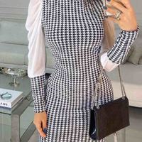 Women'S Bird Check Long-Sleeved Tight-Fitting Hip Dress - Thumbnail 2