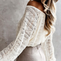 White Lace Long-Sleeved One-Shoulder Shirt - Thumbnail 1