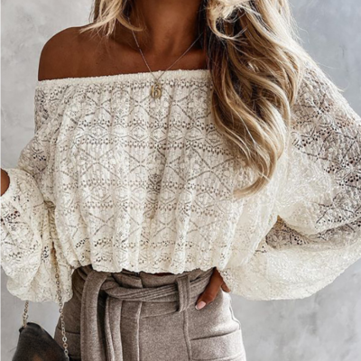 White lace long-sleeved one-shoulder shirt - Thumbnail 2